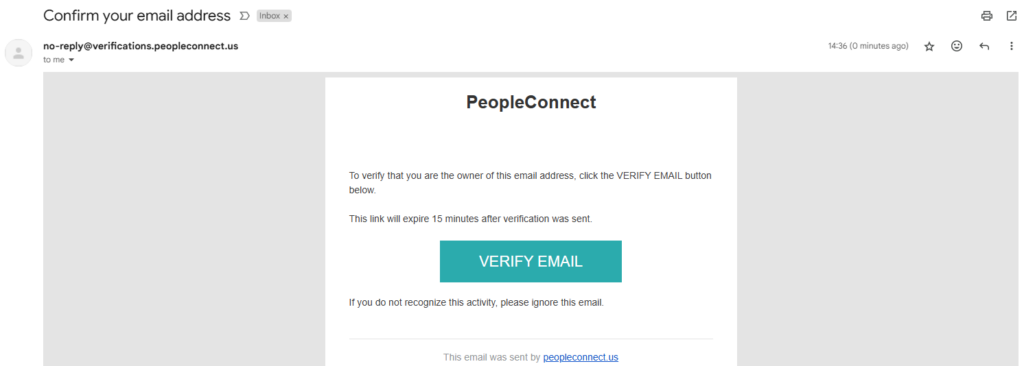 PeopleConnect email link on behalf of Intelius