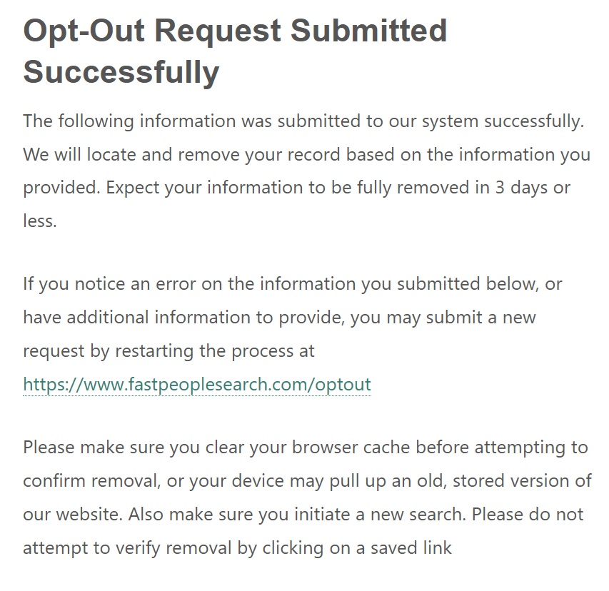fastpeoplesearch opt-out request submitted successfully notification