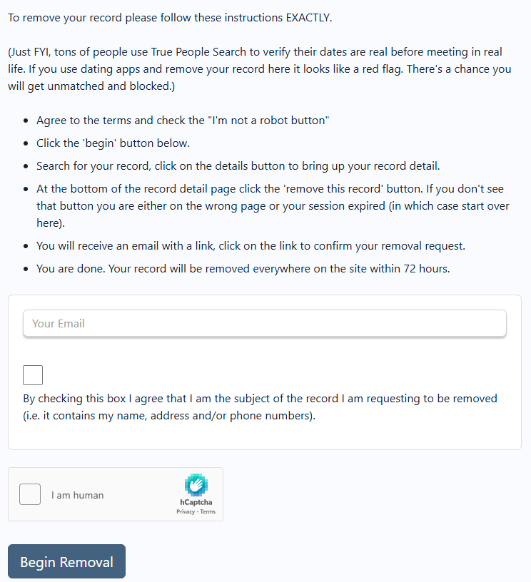 TruePeopleSearch opt out instructions and email field