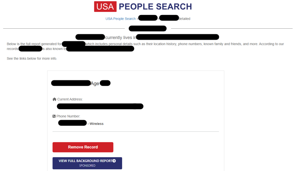 USA People Search profile and "Remove Record" button 