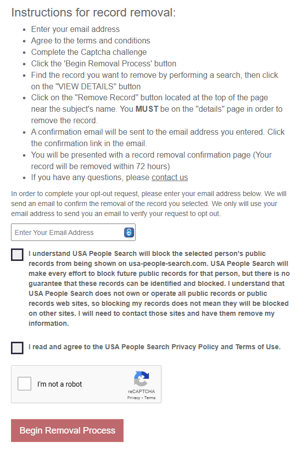 USA People Search instructions for record removal 