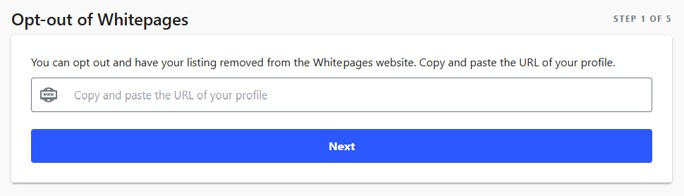 Whitepages opt out page - enter your Whitepages profile URL