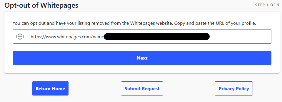 Whitepages opt out page - Entering Whitepages profile URL 