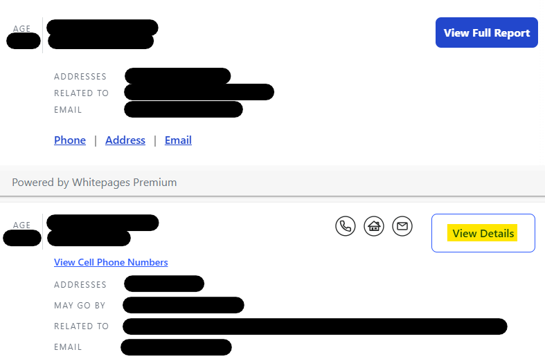 Whitepages results with "View Details" button 