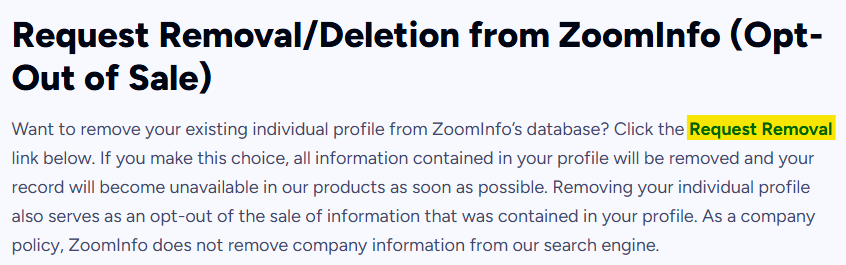 ZoomInfo request removal/deletion from ZoomInfo information