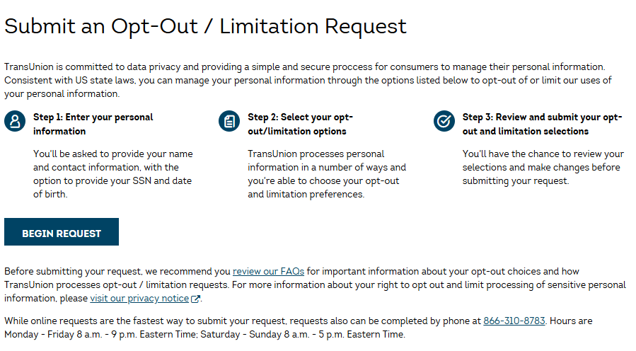 TransUnion "Submit an Opt-Out / Limitation Request" page 