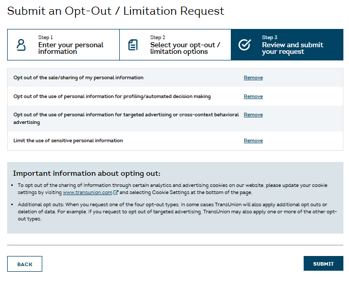 TransUnion review and submit your opt-out request page 