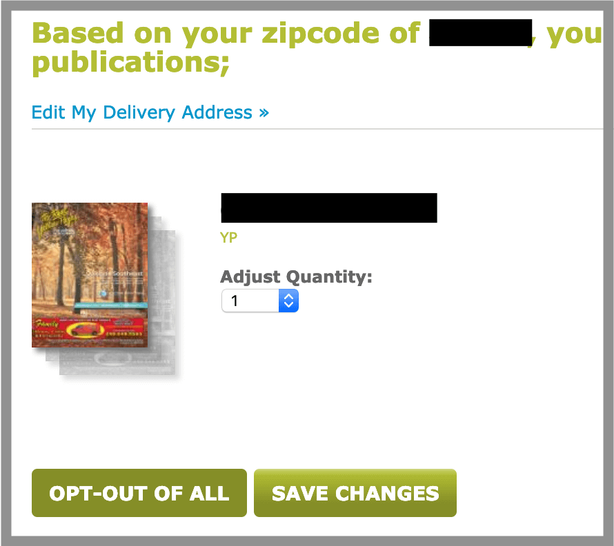 YellowPages confirmation of which publications you're opting out of 