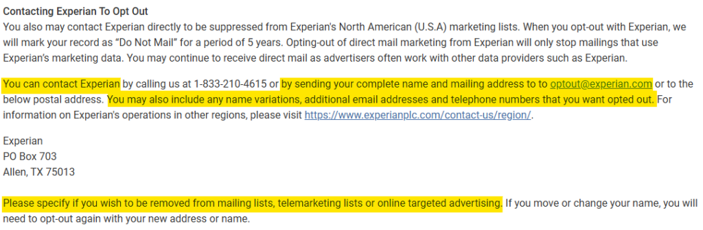 Experian direct mail, telemarketing, and online targeted advertising opt out information and contact details 