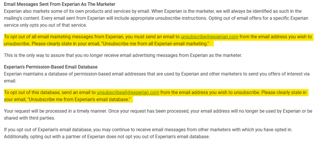 Experian opt out of email marketing information and contact details