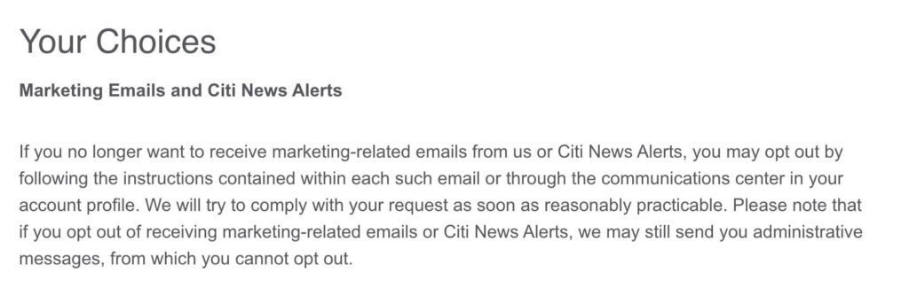 citi bank opt out webpage