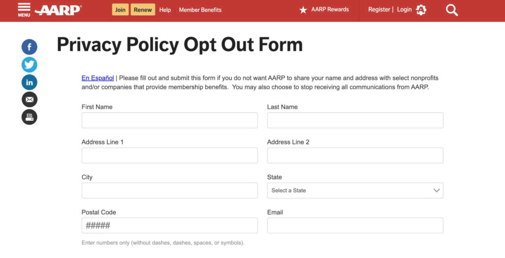 aarp opt out form webpage