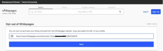 Pasting profile URL into Whitepages opt out form