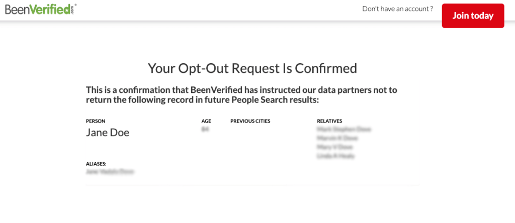 BeenVerified confirmation page for PeopleLooker opt out request