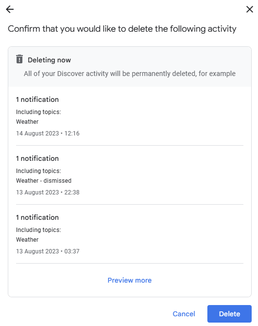 Confirm data deletion selection