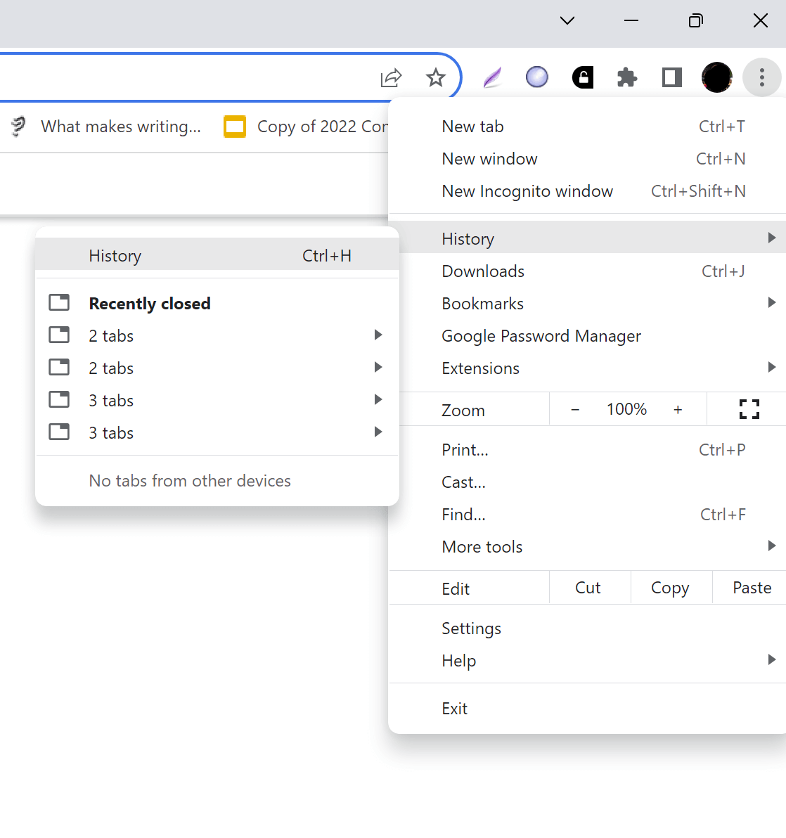 History option from a drop down menu in Chrome