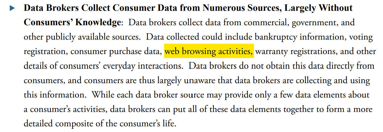 Screenshot from FTC report "Data Brokers: A Call For Transparency and Accountability" on what sources data brokers collect data from, including web browsing activities 