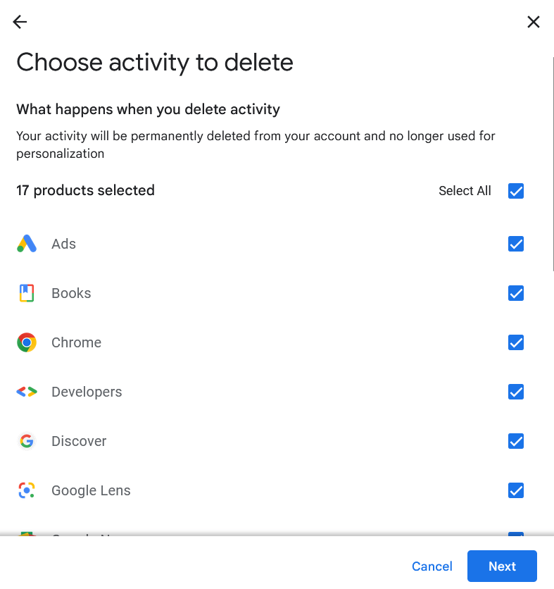 'Choose activity to delete' Google menu detailing Google products you can delete your history from 