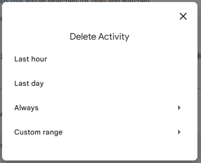 Delete Google activity time range