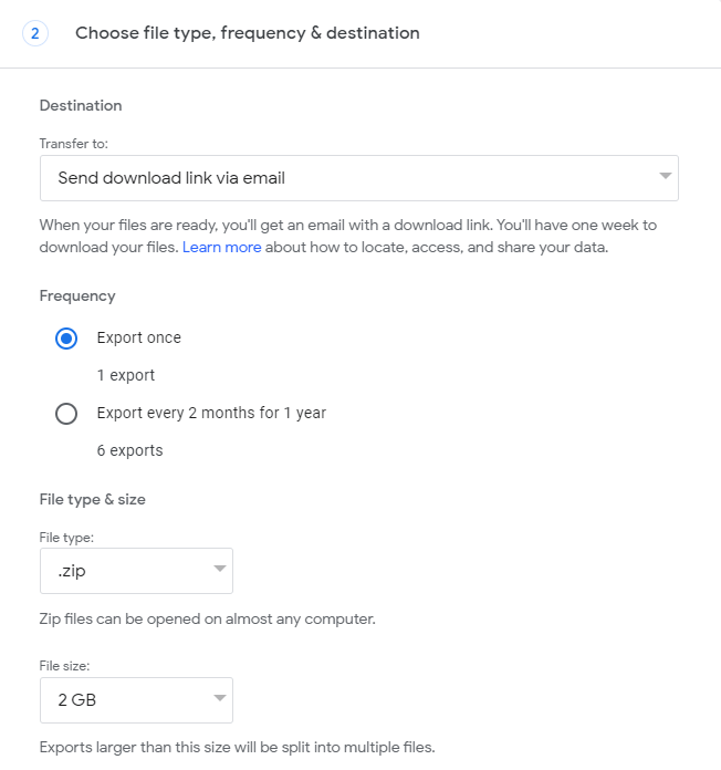 Choose file type, frequency, and destination for your personal data download in Google Takeout 