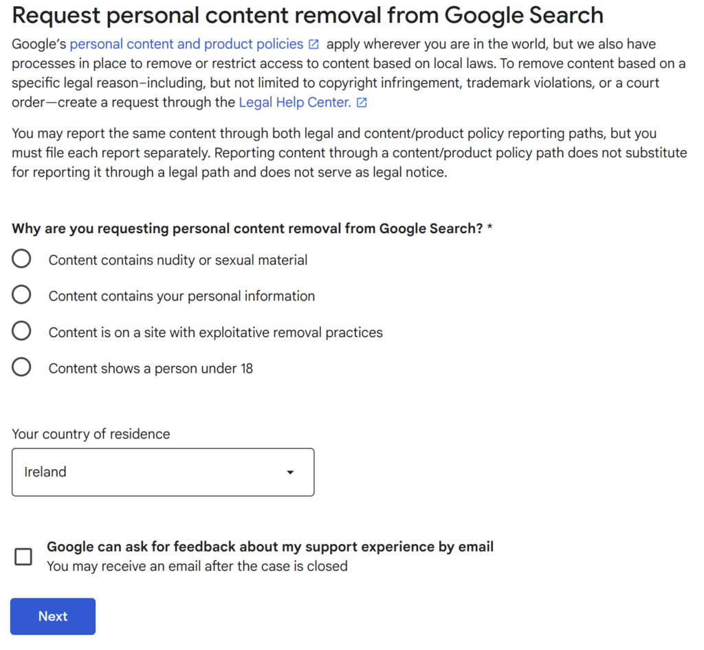 Google form for requesting personal content removal from Search