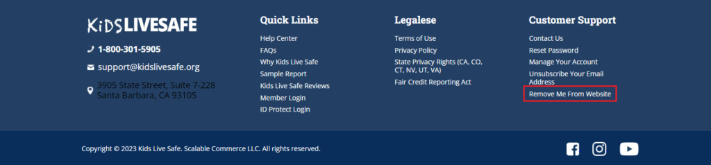 Kids Live Safe footer - Remove Me From Website option