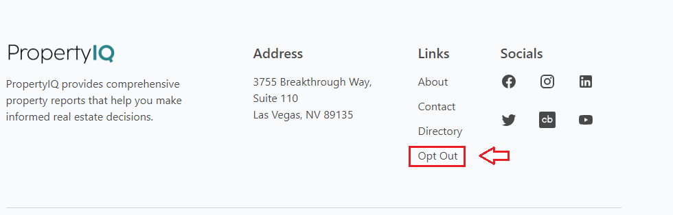 PropertyIQ footer Opt Out option