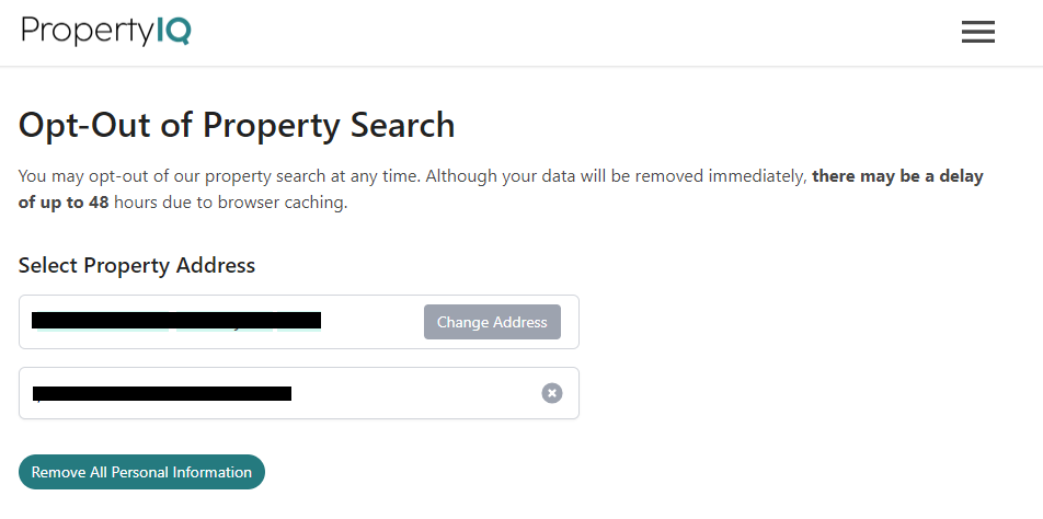 PropertyIQ Opt out of Property search
