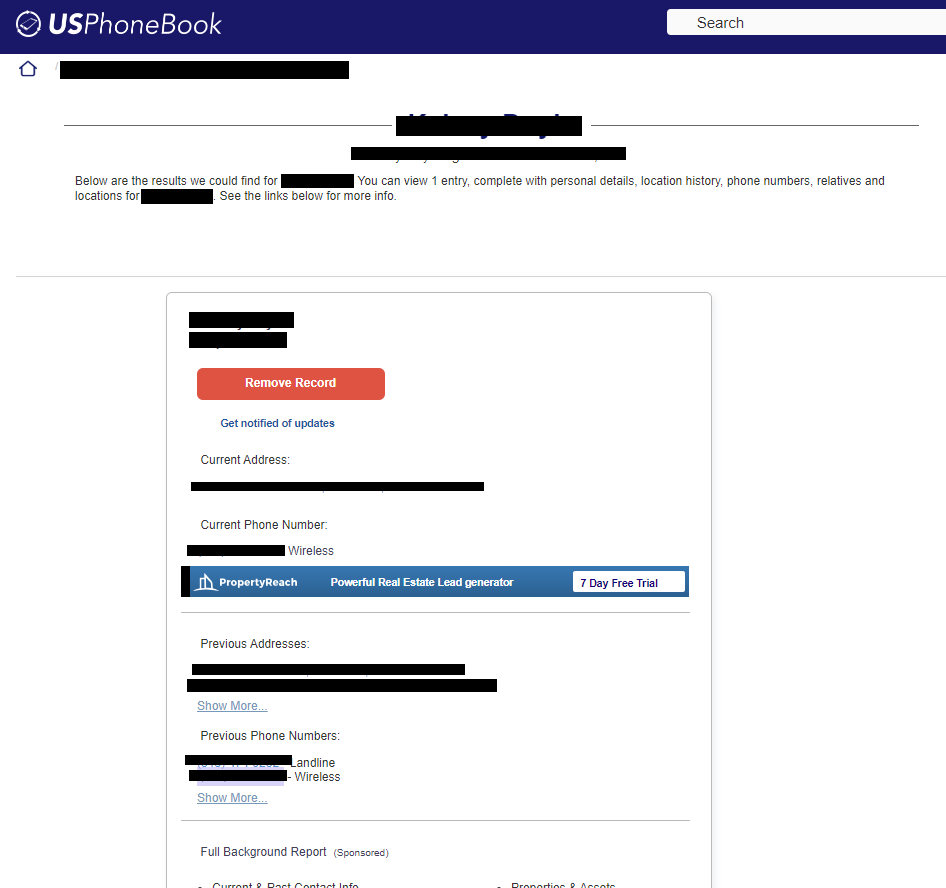 UsPhoneBook opt out form - "Remove Record" button