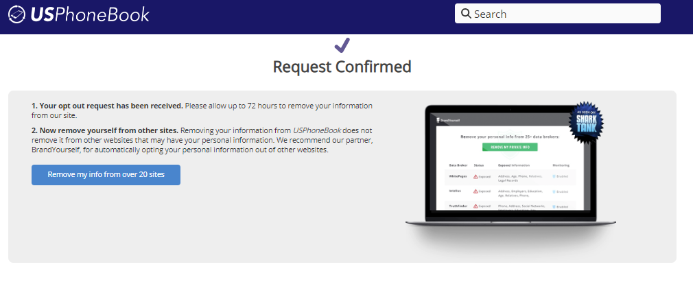 USPhoneBook opt out request confirmation screen