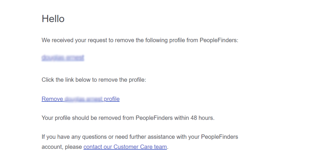 PeopleFinders opt out email