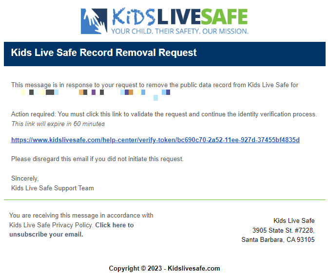 Kids Live Safe email regarding record removal request