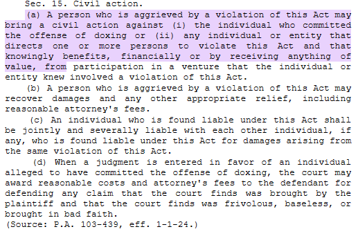 Illinois Civil Liability for Doxing Act - civil action section 