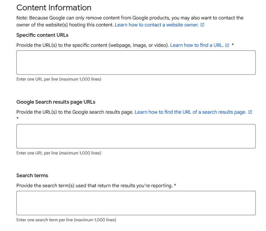 Google form for personal content removal - content information section