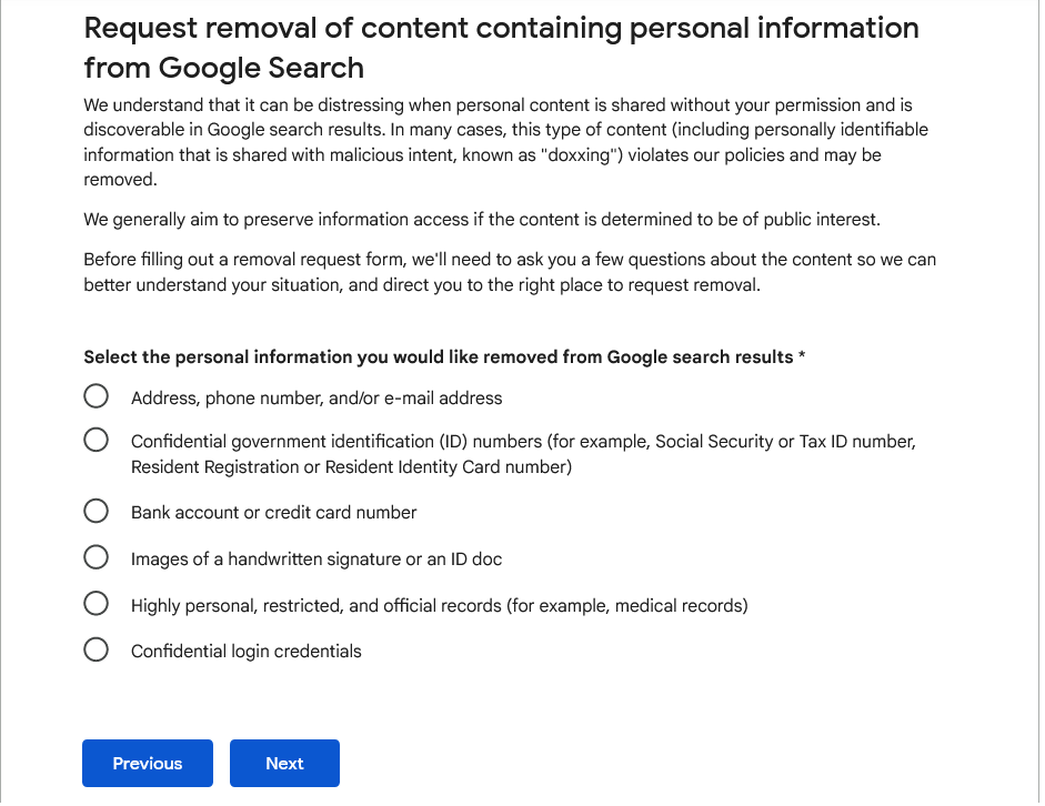 Google form for personal content removal - personal information you want removed section