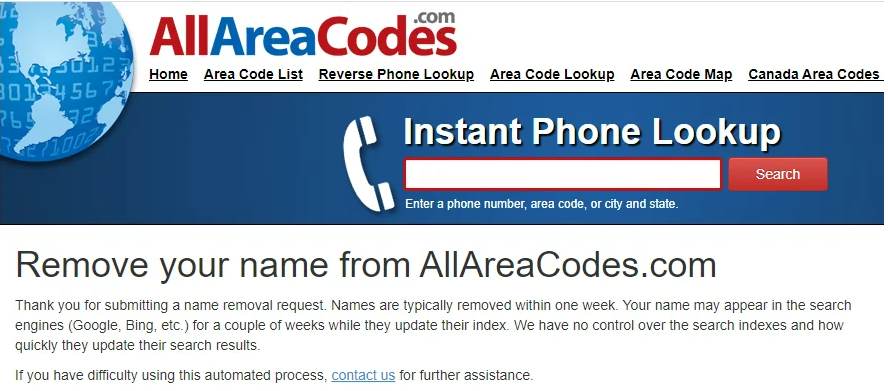 AllAreaCodes.com removal request confirmation 