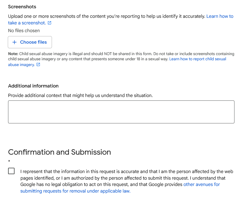 Google form for personal content removal - screenshots of content & additional info section