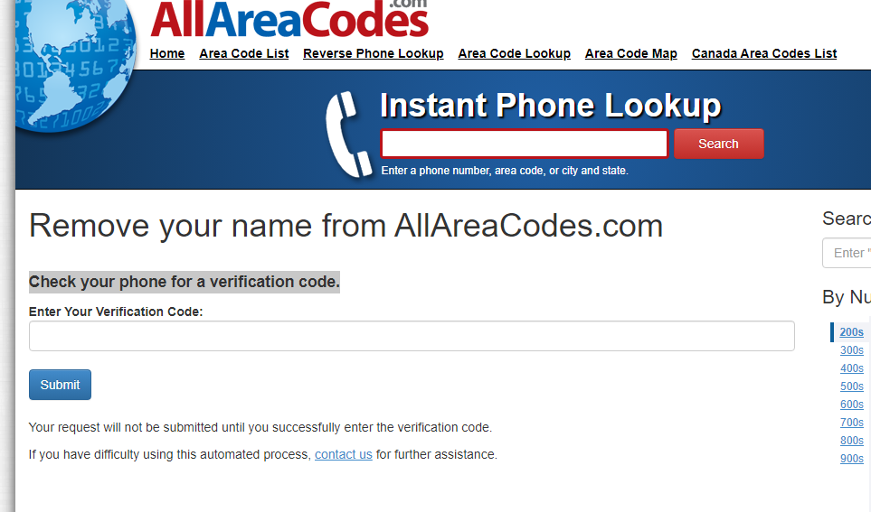 AllAreaCodes.com submit verification code screen