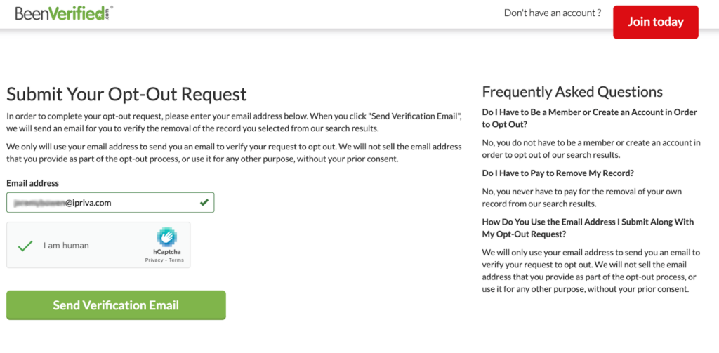 BeenVerified opt-out request form