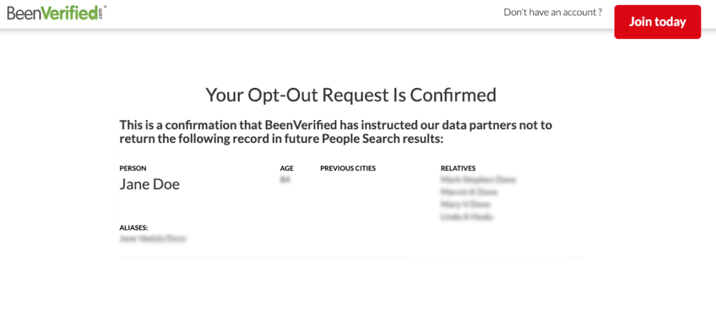 BeenVerified "Your Opt-Out Request Is Confirmed" 