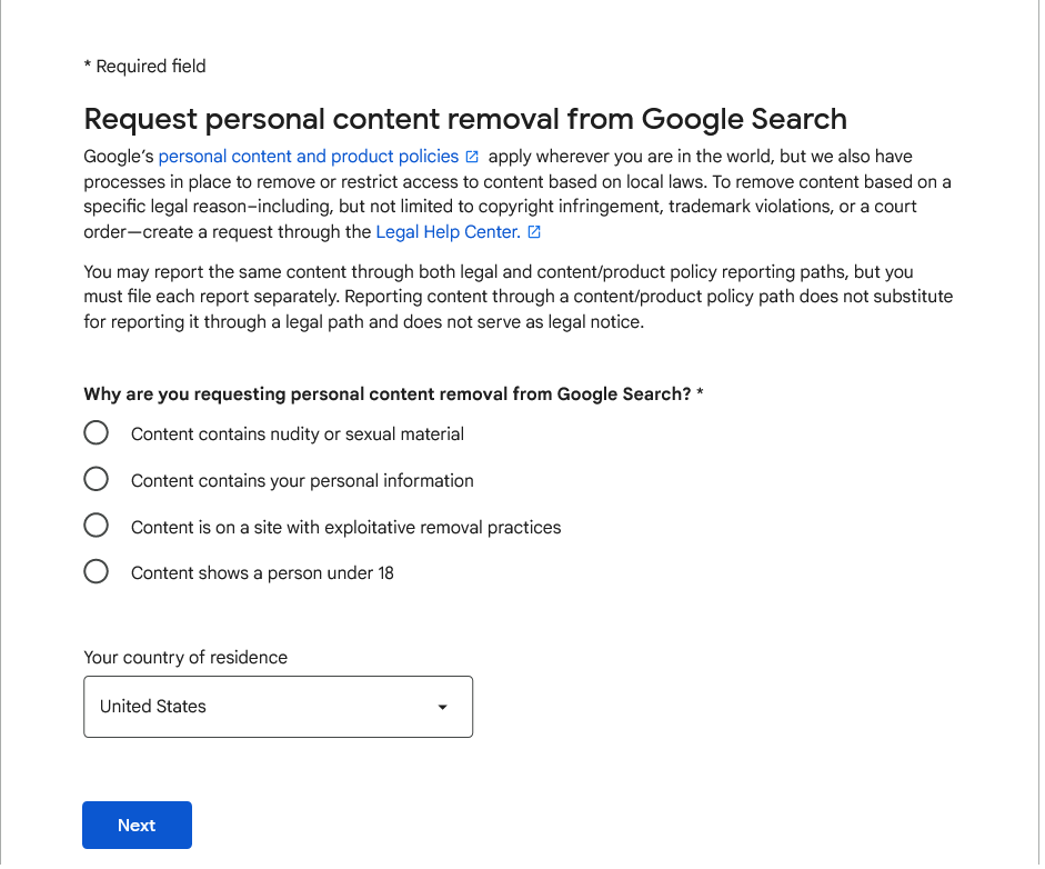 Google form for personal content removal - why are you requesting personal content removal from Google Search & country of residence section