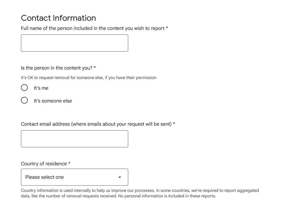 Google form for personal content removal - contact information section