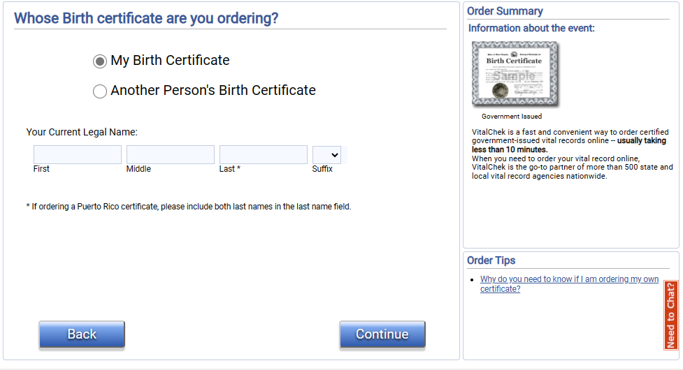 Requesting a birth certificate online in California 
