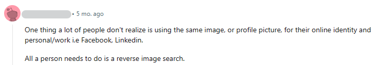 Reddit post warning about reverse image search 