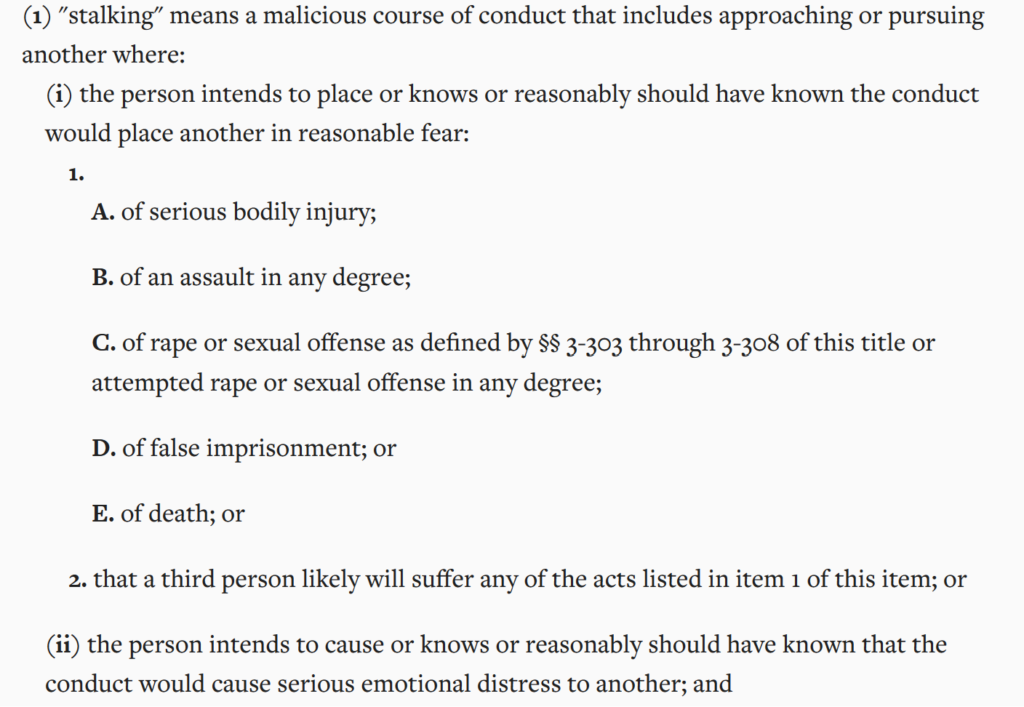 Maryland Criminal Law Code Section 3-802 - stalking