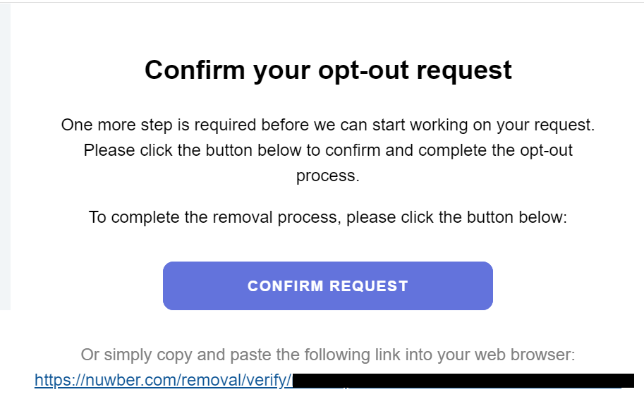 Nuwber email asking to confirm opt out request
