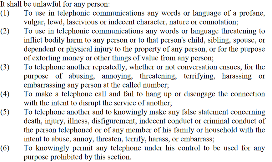 North Carolina General Statute § 14-196 - phone harassment