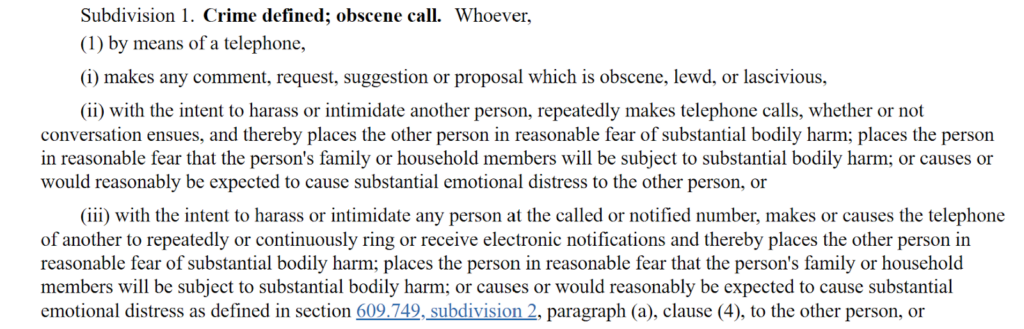 Section 609.79 of the Minnesota Statutes - obscene or harassing phone calls