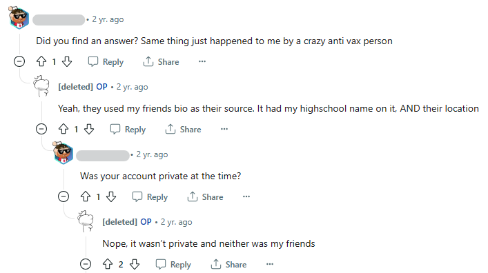 Reddit thread about how someone was doxxed on Instagram through their friend 