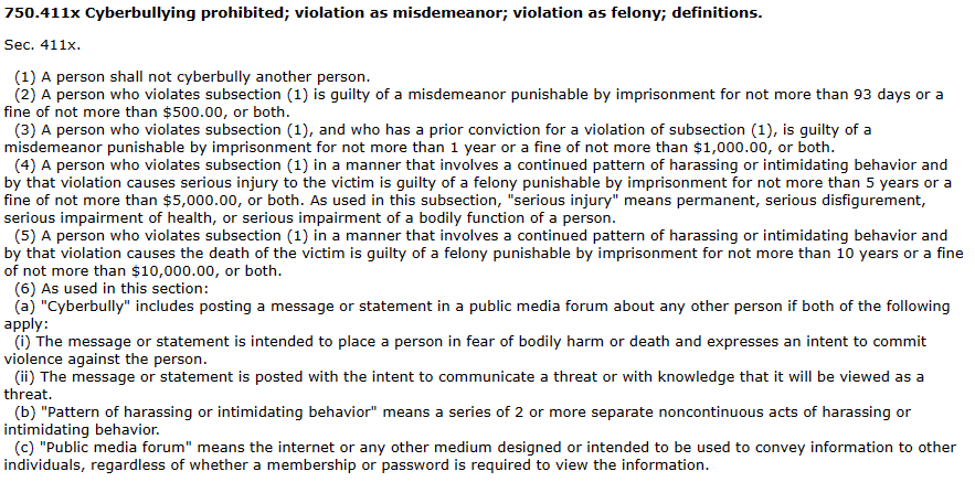 Michigan Penal Code section 750.411x - cyberbullying 